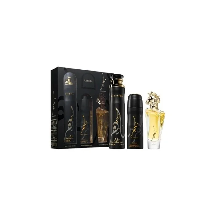 Lattafa Maahir Set - Edp Spray 100ml, Perfumed Spray 200ml, Air Freshener 300ml