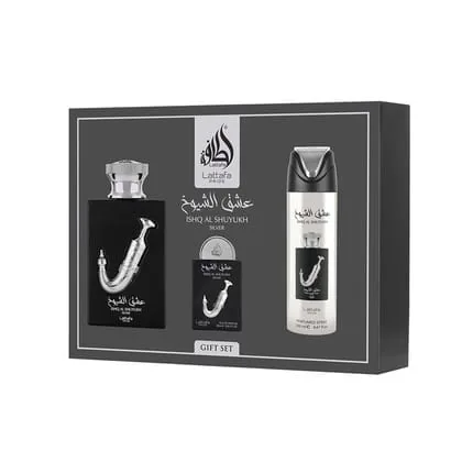 Lattafa Pride Ishq Al Shuyukh Silver Giftset Eau De Parfum 100ml + 20ml + Deodorant 200ml Men Fragnance