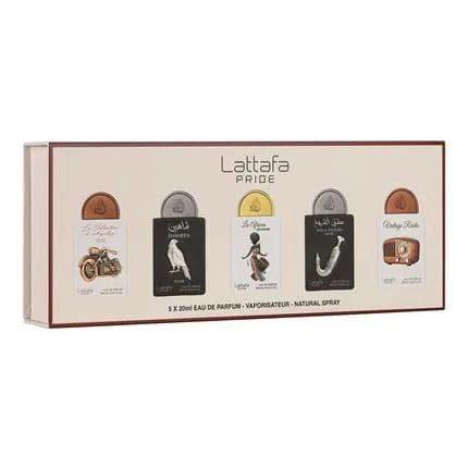 Lattafa Pride Giftset No.5 - La Collection D’Antiquités 1910, Shaheen Silver, La African Drummer, Ishq Al Shuyukh Silver, Vintage Radio Set 5x20ml EDP