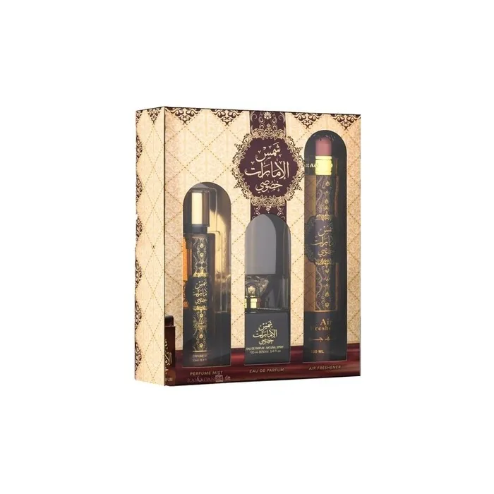 Shams Al Emarat Khususi Gift Set 100ml Eau De Parfum Room Spray Body Spray