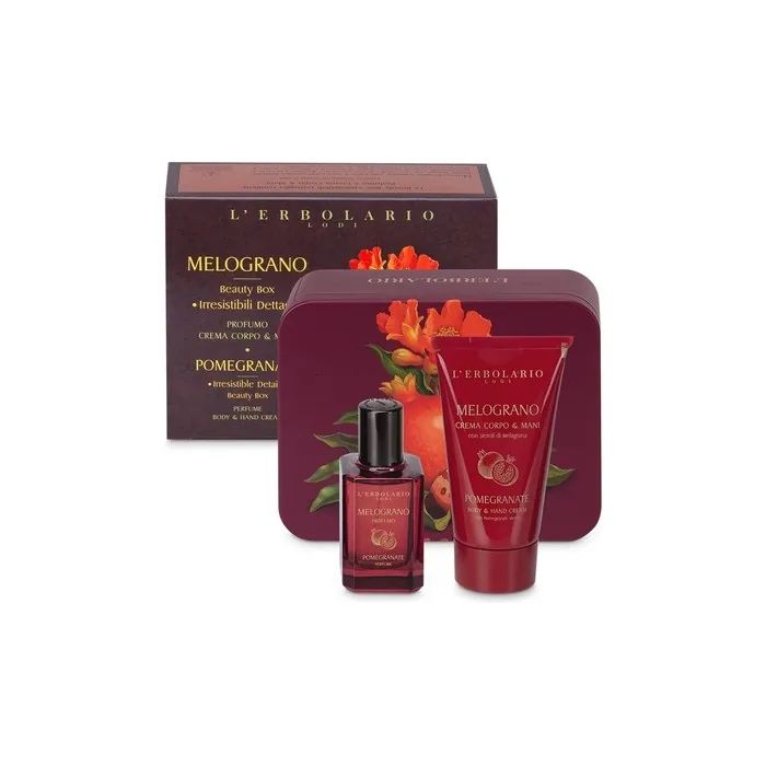 L'Erbolario Beauty Box Irresistible Details Elegant Tin Gift Box Limited Edition Contains 1 Pomegranate Scent 30ml + 1 Pomegranate Body and Hand Cream 75ml