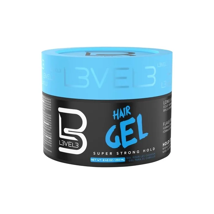 L3VEL3 Super Strong Hair Gel Creates Sleek Long Lasting Hairstyles Gives Volume and Adds Shine Water Based and Flake Free Formula Clean and Refreshing Scent Rinses out Easily 250ml Super Strong Hold