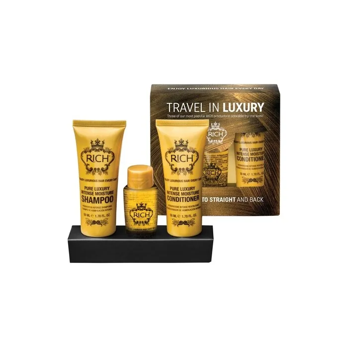 RICH Travel in Luxury Gift Set - Intense Moisture Shampoo 1.70 Fl Oz, Intense Moisture Conditioner 1.70 Fl Oz, Argan Oil Elixir 1.0 Fl Oz