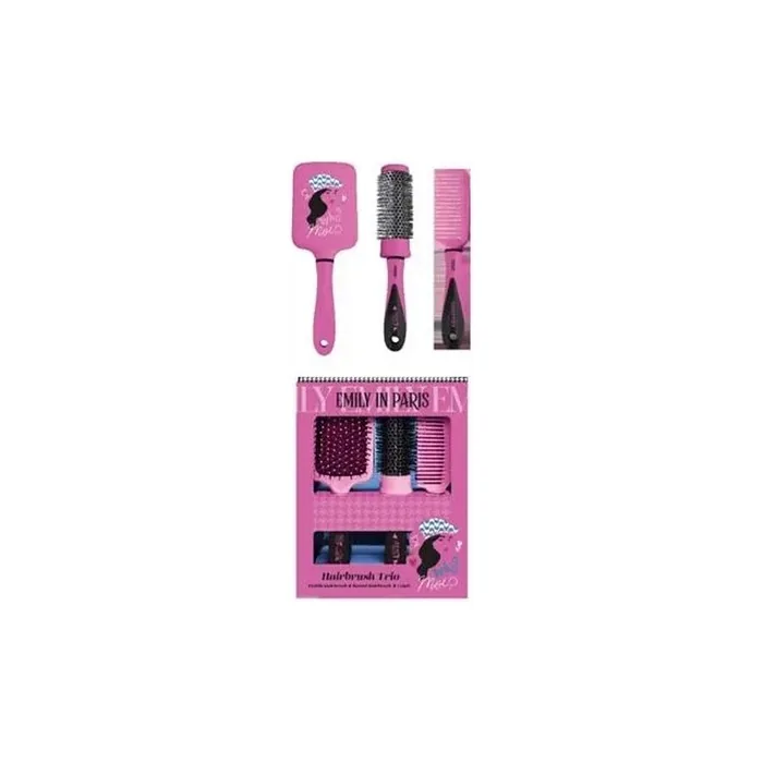 Who Moi Emily In Paris Hair Care Trio Set - Pink Paddle, Round Brush, And Comb