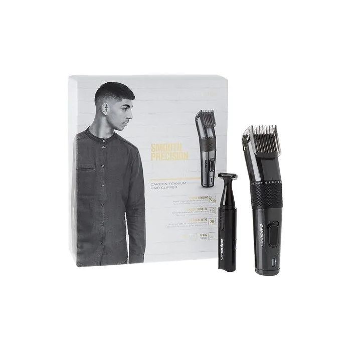 BaByliss Men Carbon Titanium Cordless Hair Clipper for Head and Beard Hair 26 Cutting Lengths 0.5mm-25mm Silver Black with Mini Trimmer E978E