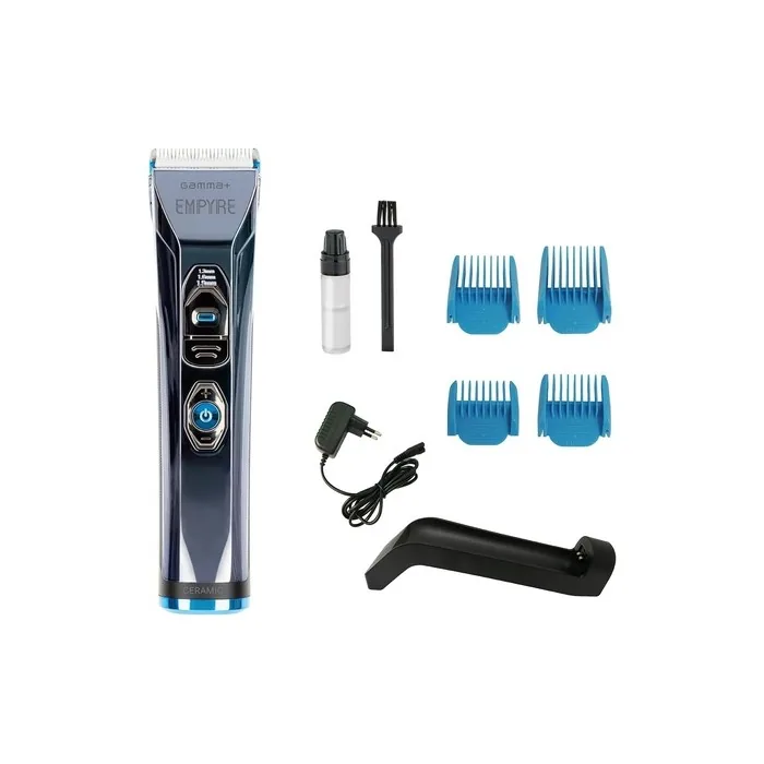 GAMMA+ Empyre Professional Men's Hair Clipper with 3-Speed Rotary Motor, White Ceramic Blade, 300 Minutes Cordless Autonomy, Adjustable Blade Button, Charging Station