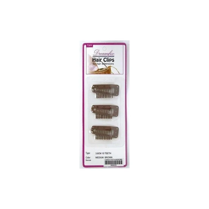 Dreamfix Hair Clips - Medium Brown, 3 Pieces, 10 Teeth, 3.8 Cm