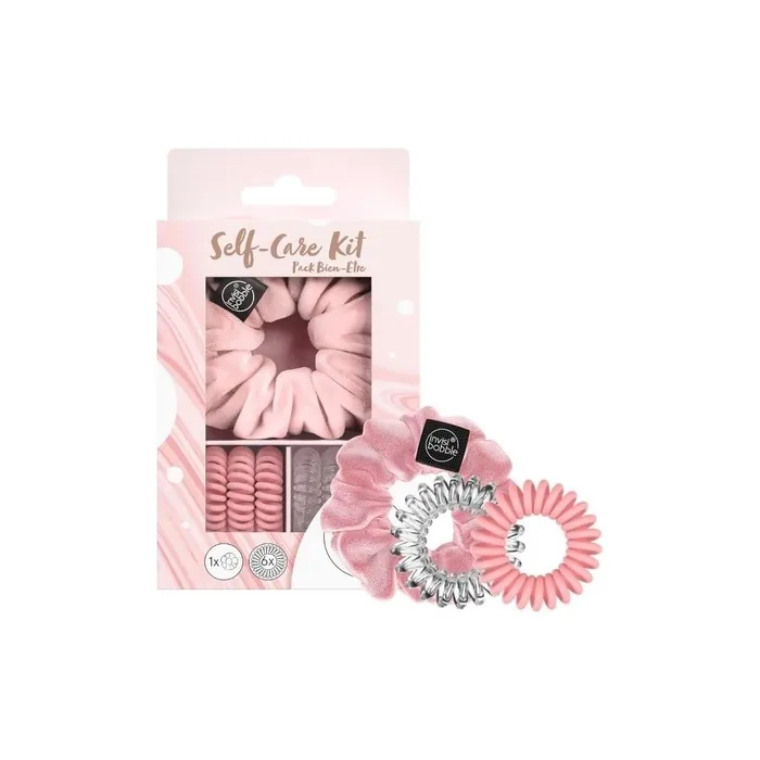 Invisibobble Hair Scrunchie Set Self-Care Kit 1 Scrunchie Velvet Pink 3 Spiral Hair Bobbles Transparent and 3 Matte Pink