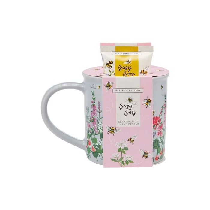 Heathcote & Ivory Busy Bees Giftable Mug Set 2x50ml Hand Cream and Ceramic Mug Cruelty Free Vegan Friendly Travel Friendly Sizes