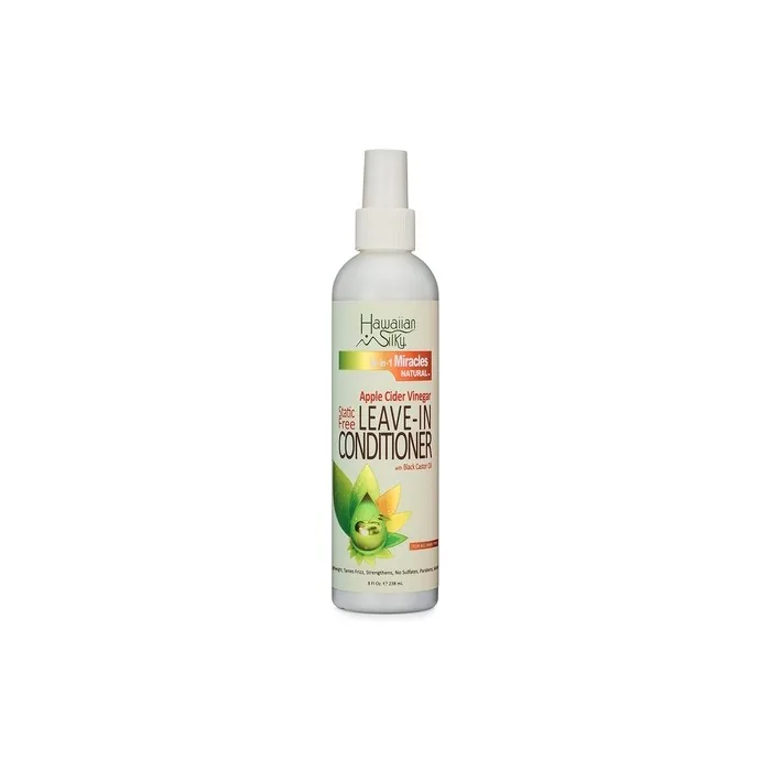 Hawaiian Silky Apple Cider Vinegar Static-Free Leave-in Conditioner 8 fl oz with Black Castor Oil Extract for Hair Growth - 100% Natural Treatment for Men, Women & Kids - Good on Color Treated Scalp