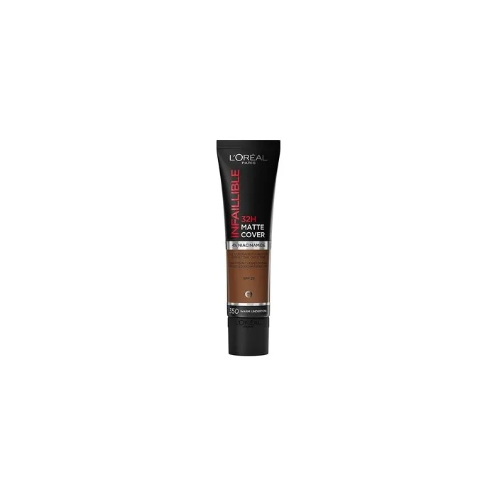 L'Oréal Paris Infaillible 32H Matte Cover Waterproof and Long-Lasting Liquid Foundation with High Coverage and 4% Niacinamide Formula 30ml - Shade 350 Warm