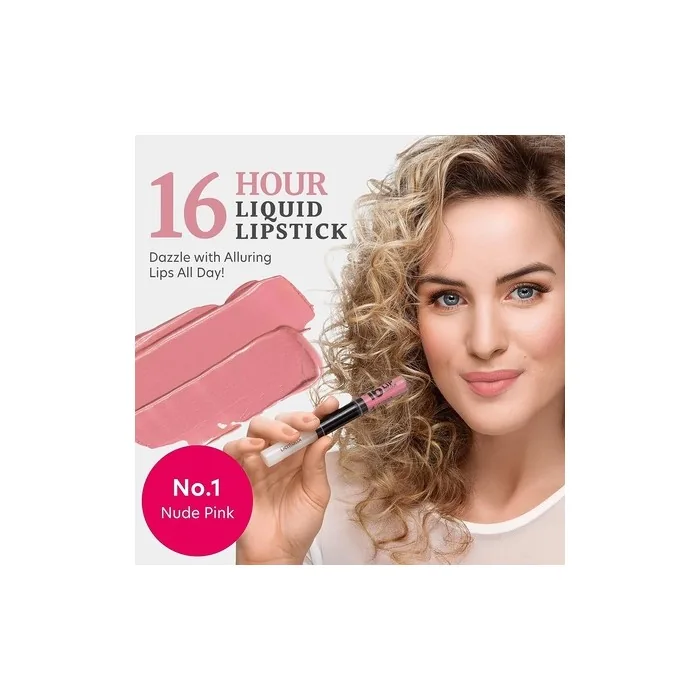 Dermacol 16-Hour Lip Colour Highly Pigmented Glossy Lip Stain Two-Phase Lip Plumper Gloss Kissproof Lip Makeup Products Matte and Glitter Finish No.1 Nude Pink Lipstick 7.1mL