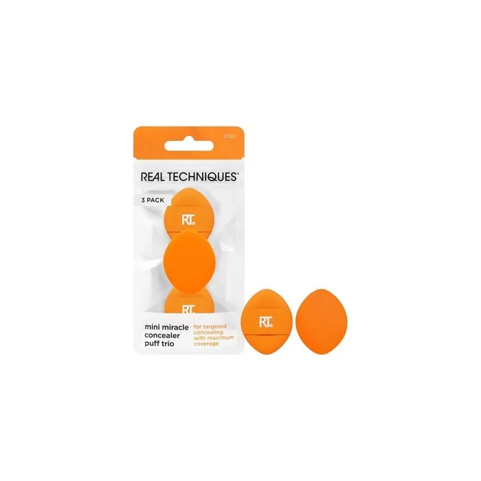 Real Techniques Mini Miracle Concealer Puff Trio Small Makeup Puff for Liquid Cream Foundation Targeted Concealing Travel Friendly Reusable Vegan Cruelty Free Mini Powder Puff