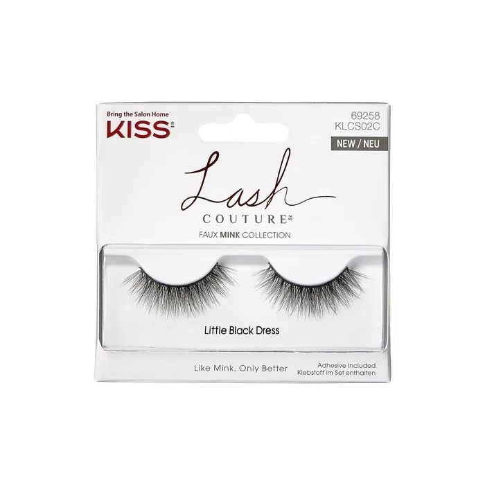 KISS Lash Couture Faux Mink Collection False Lashes Little Black Dress Ultrafine Tapered Synthetic Fake Lashes with Lash Glue Black 2 Count