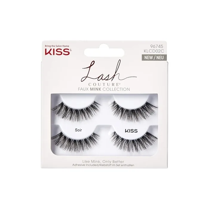 KISS Lash Couture Faux Mink Collection 2 Pairs of False Lashes Soir Ultrafine Tapered Synthetic Fake Lashes with Lash Glue