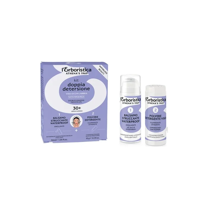 L'Erboristica Double Cleansing Kit For Face Eyes Lips Waterproof Emollient Makeup Remover Balm 30 Ml And Illuminating Smoothing Cleansing Powder 10 Grams