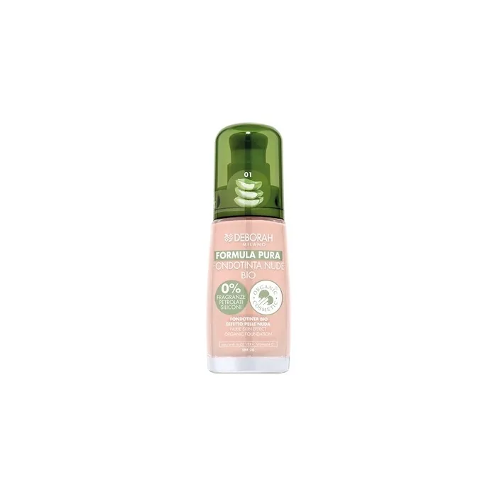 Deborah Milano Pure Nude Bio Foundation Formula 01 Ivory with Vitamin C and Aloe Vera SPF 20 Medium Coverage Liquid Texture for a Radiant and Velvety Complexion
