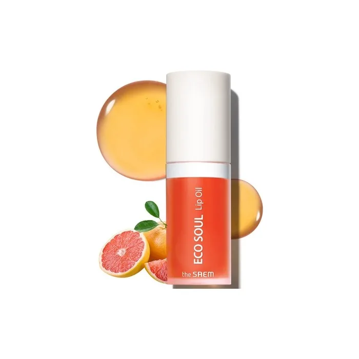 THESAEM Eco Soul Lip Oil 03 Grapefruit Plumping Hydrating Lip Oil Nourish Moisturize Lips Grapefruit Extract Jojoba Oil Lips Soft Glossy Dry Lips 0.21 fl.oz.