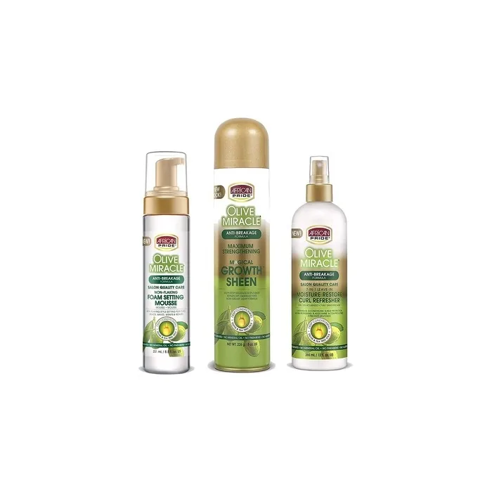 African Pride Olive Miracle Finish & Style Regimen Non-Flaking Foam Setting Hair Mousse, Growth Sheen Spray & 7-IN-1 Leave-In Moisture Restore Hair Curl Refresher
