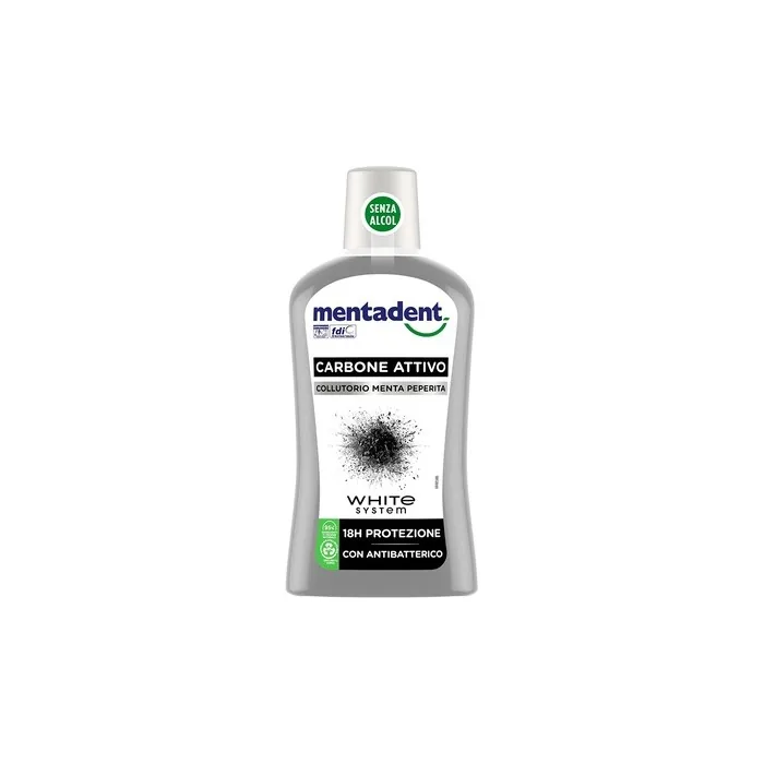 Mentadent White System Activated Charcoal Mouthwash with 18 Hour Antibacterial Protection and Delicate Peppermint Flavor 500ml