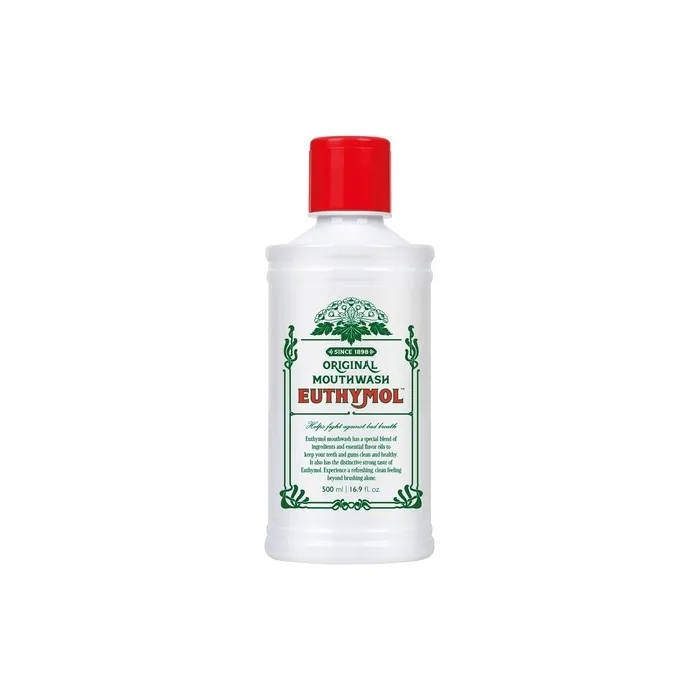 Euthymol Mouthwash Original 500ml Alcohol-Free Fluoride-Free Strong Taste Plaque Gingival Clean Healthy Teeth Gums Freshens Breath Refreshing Daily Oral Dental Care