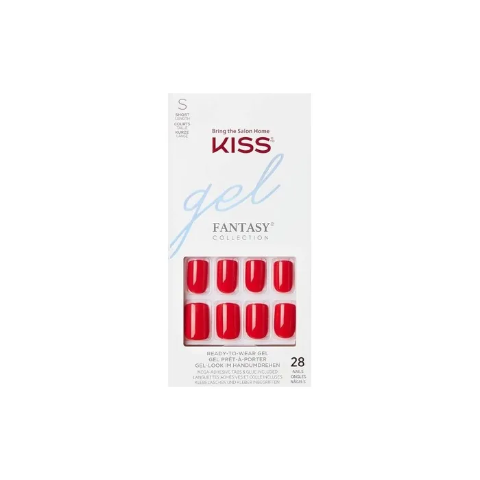 KISS Gel Fantasy Collection Glue-On Manicure Kit Whatever Short Length Square Fake Nails 28 False Nails Nail Glue Nail File and Manicure Stick