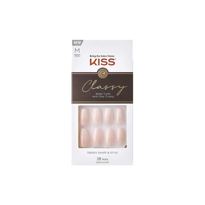 KISS Classy French Nail Manicure Kit with Gel Finish Medium Coffin Shape Cosy Meets Cute 28 Fake Nails