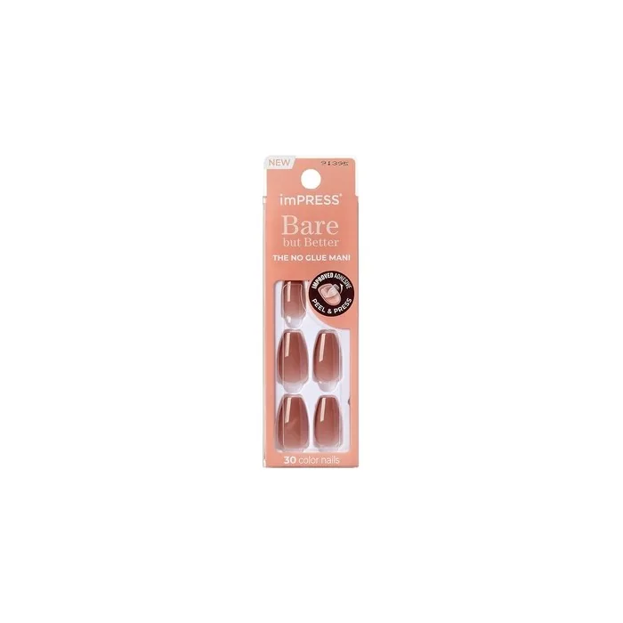 KISS imPRESS No Glue Mani Press-On Nails Color Flare Medium Neutral Medium Size Coffin Shape Includes 30 Nails Prep Pad Instructions Sheet 1 Manicure Stick 1 Mini File
