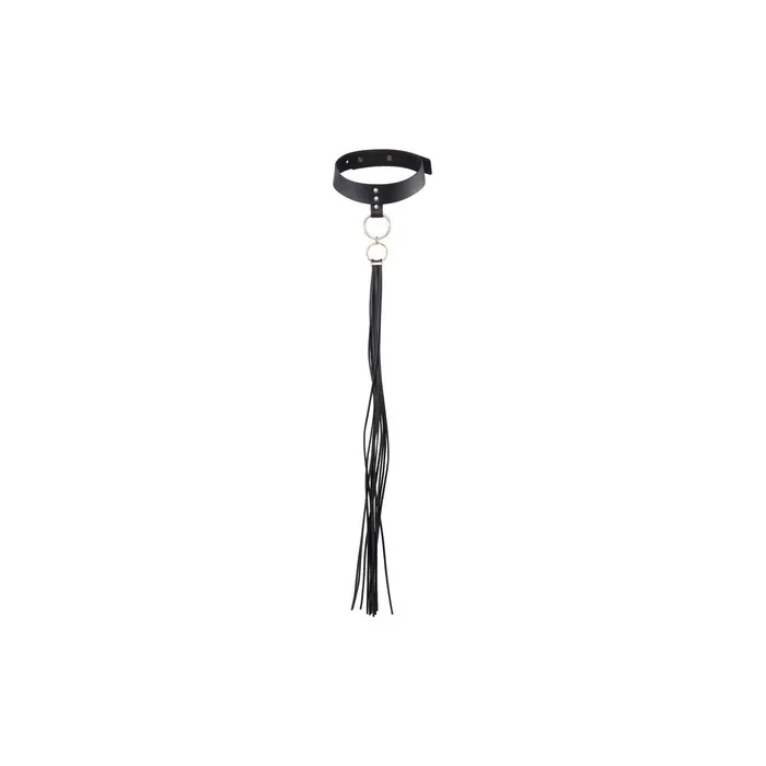 Bijoux Indiscrets MAZE Narrow Collar with Ring and Whip Black Vegan Leather BDSM Bondage Sexy Restraint
