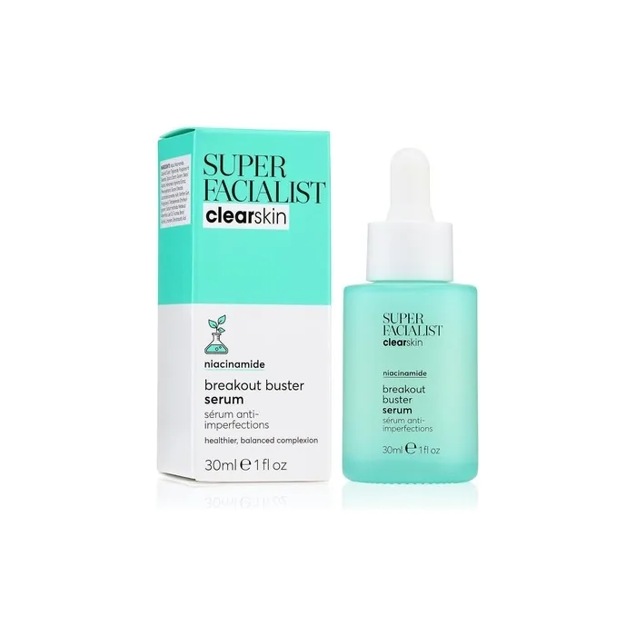 Super Facialist Breakout Buster Serum Clear Skin Solutions Spot Treatment for Acne with 10% Niacinamide Tea Tree Oil Prebiotics Vegan Friendly 30ml