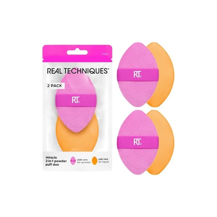 Real Techniques Miracle 2-In-1 Powder Puff Dual-Sided Full-Size Makeup Blending Puff Reversible Elastic Band Precision Tip Makeup Sponge & Powder Puff For Liquid Cream & Powder