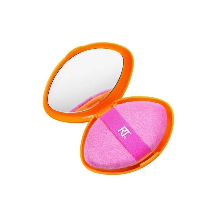 Real Techniques Miracle 2-In-1 Powder Puff + Travel Case Dual-Sided Makeup Blending Puff Elastic Band Precision Makeup Sponge and Powder Puff For Liquid Cream and Powders Travel Case