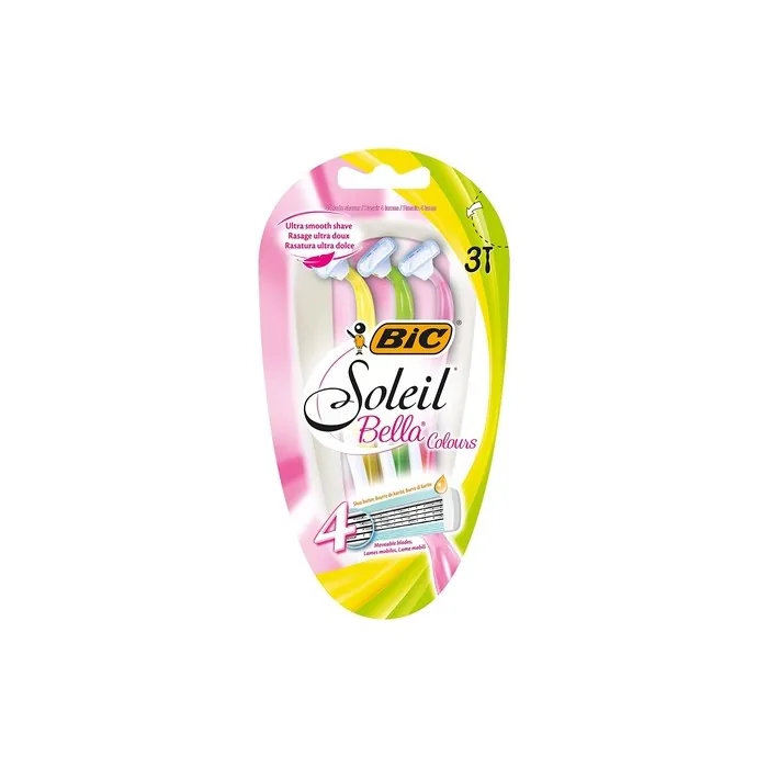 BIC Soleil Bella Colours 4-Blade Lady Razors Pack of 3 Spring Mounted Blades with Pivoting Head for Ultra Smooth Shave