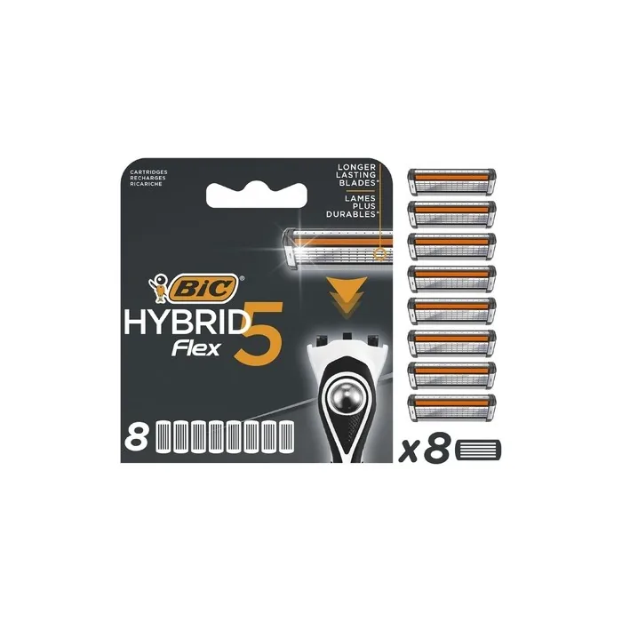 Bic Hybrid 5 Flex Men's Razor Refills with 5 Moveable Nano-Tech Titanium Blades 8 Cartridges Black/White