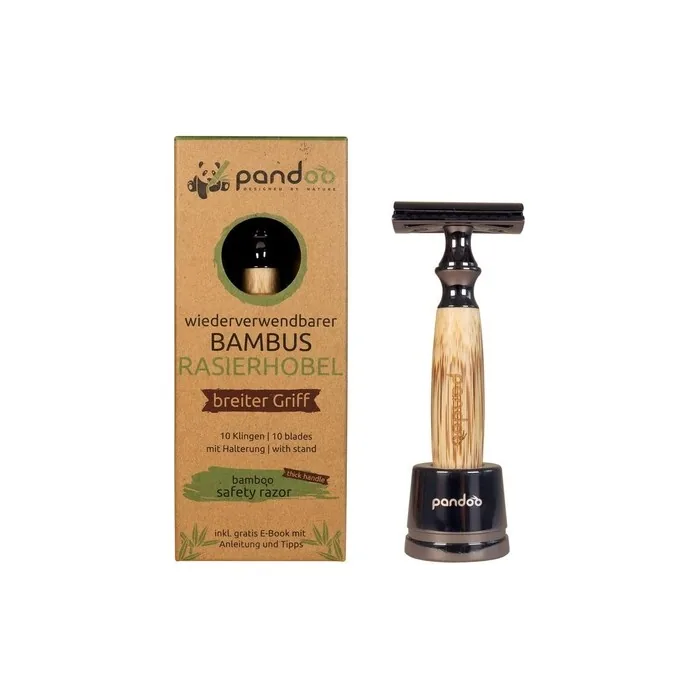 Pandoo Safety Razor with Holder and Bamboo Handle Zero-Waste Shaver for Men and Women Closed Comb - Plastic-Free Includes eBook and 10 Blades Wide Handle