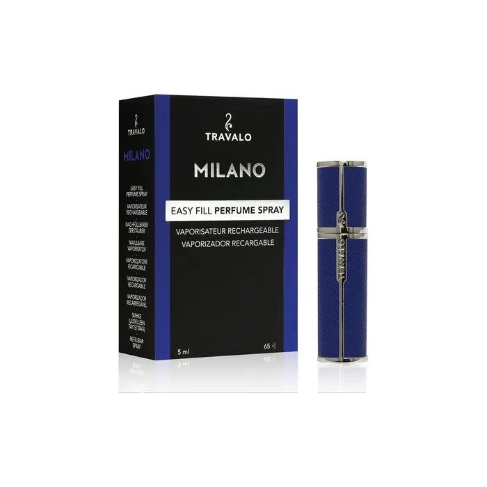 Travalo Milano Perfume Atomizer Travel Refill U-Change System TSA Approved Reusable Airtight Easy Fill Mini Pump Sprayer Lightweight Portable Vegan Leather with Polished Metal Outer Shell Blue 0.17oz