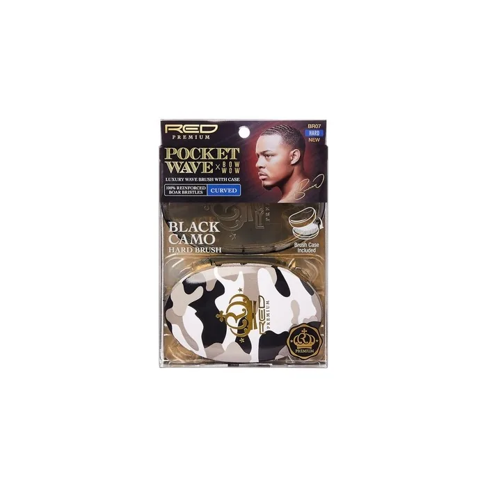 Red by Kiss Premium Pocket Wave X Bow Wow Curved Palm Boar Brush with Case Hard Bristles Black Camo