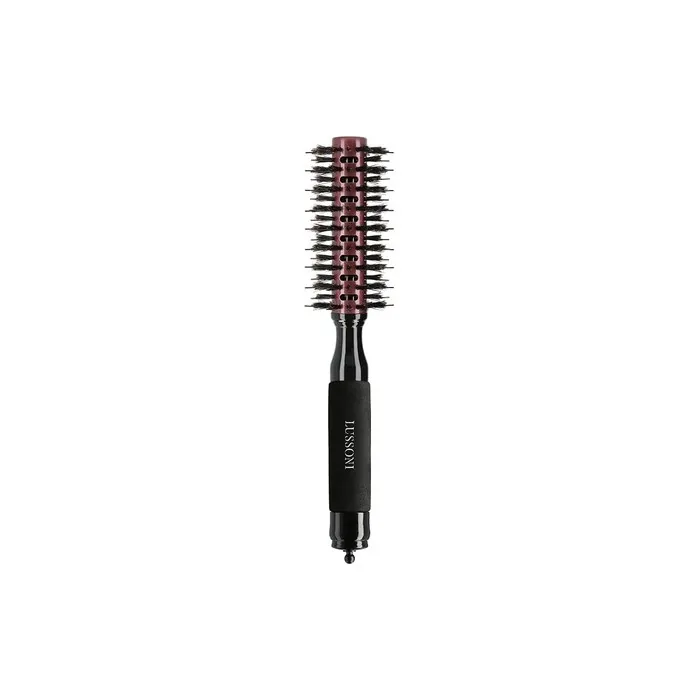 T4B LUSSONI Round Wood Styling Hair Brush for Styling Short Hair and Ponytail Made of Boar Bristles and Nylon Pins with Ceramic Coating Black 22mm