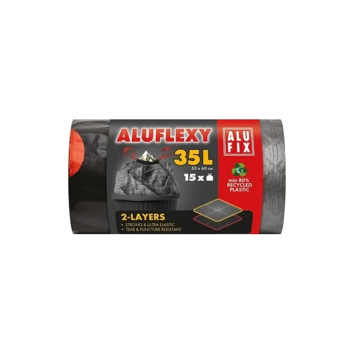 Alufix Garbage Bags with Drawstring 35 Liters 15 Count 28 Microns - Black
