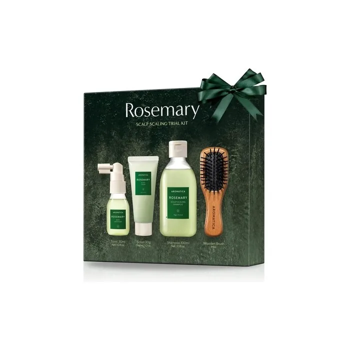 AROMATICA Rosemary Scalp Scaling Trial Kit Gift Set Mini Wooden Hair Brush Shampoo 3.38 fl. oz. Root Enhancer 1.01 fl. oz. Scalp Scrub 1.01 fl. oz. For Clearer and Dandruff Free Hair 04 Rosemary Trial Set