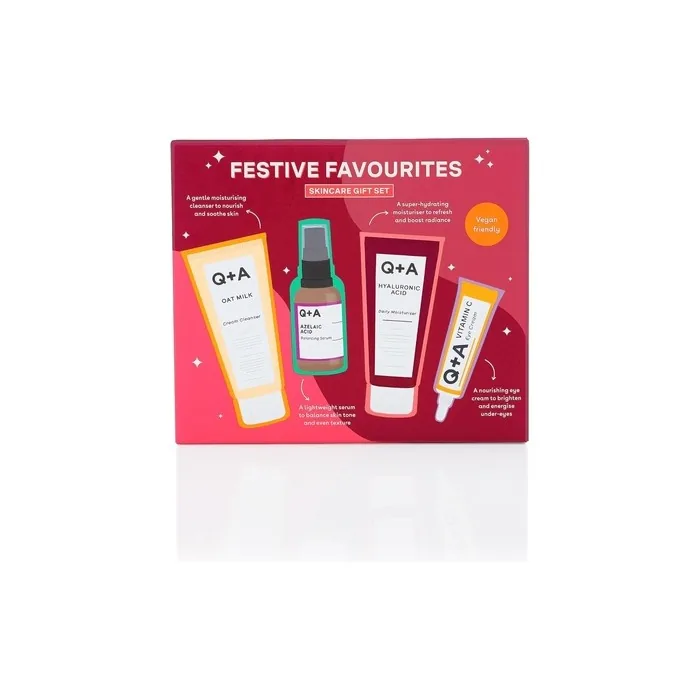Q+A Festive Favourites Gift Set with Hyaluronic Acid Moisturiser, Oat Milk Cream Cleanser, Azelaic Acid Serum, and Caffeine Eye Serum