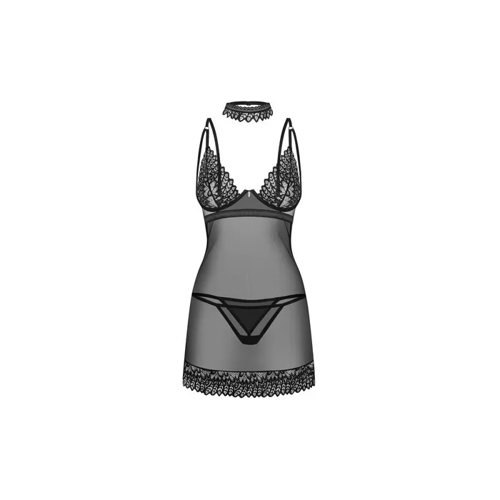 Obsessive Donarella 3-Piece Set Black XS-S - Includes Negligee, Thong, and Collar