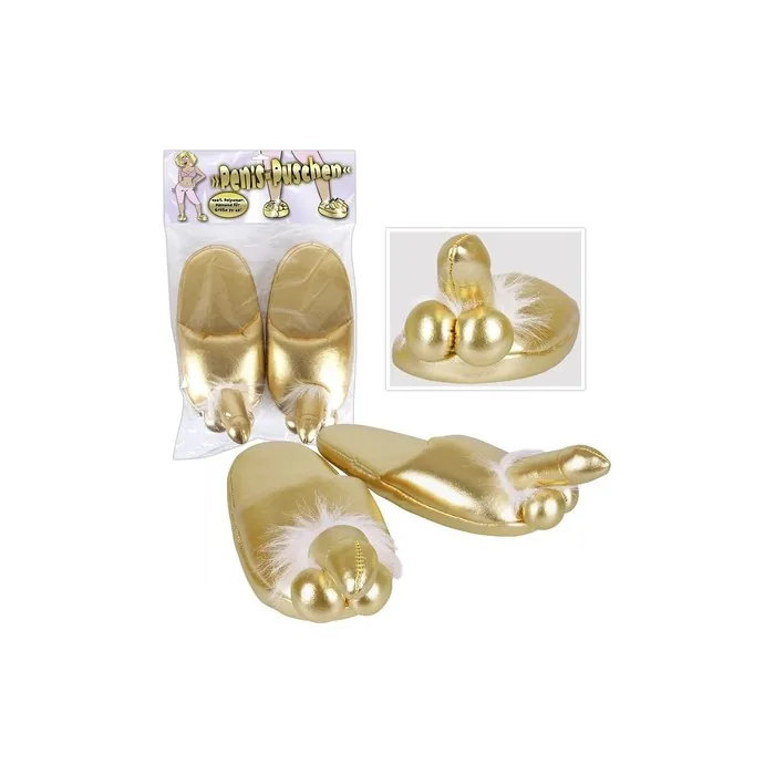 Golden Penis Slippers with Stiff Penis and Plump Testicles on the Top, Slippers for Her and Him - Gold