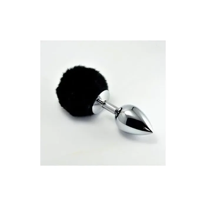 Metal Anal Plug with Black Pompon Size L
