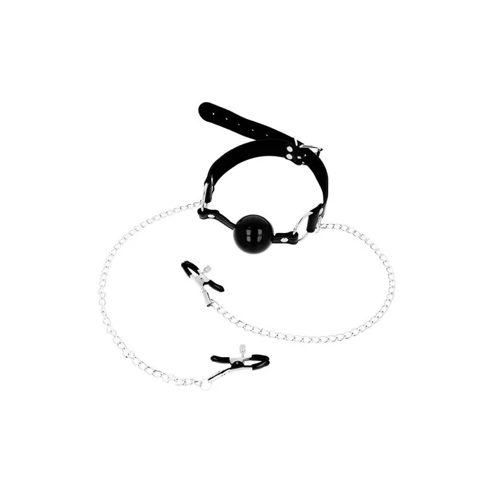 Ohmama Fetish Black Ball Gag With Nipple Clamps