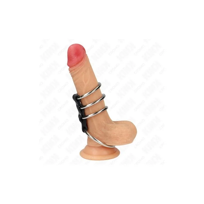 EROTICO Kink 4 Metal Penis Rings Connected by Leather 3.7cm to 5cm