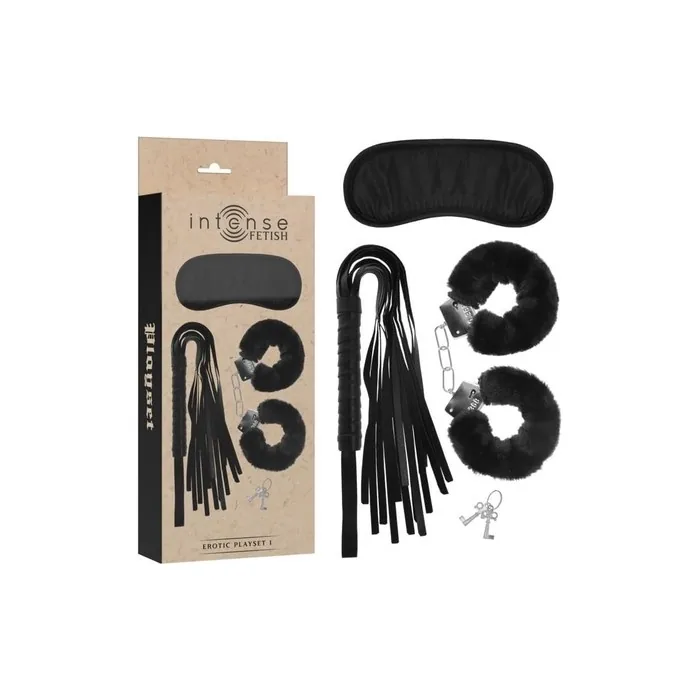 Intense Fetish Erotic Set 1 With Handcuffs Blindfold And Vegan Leather Whip