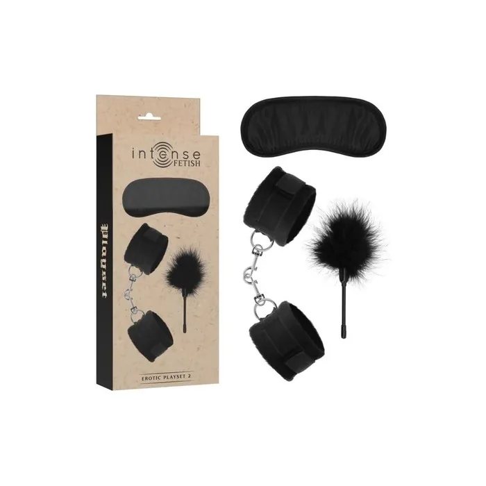 Intense Fetish Erotic Set With Handcuffs Blindfold And Feather Duster