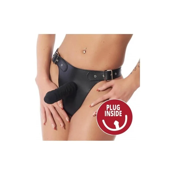 Rimba Bondage Play Leather Strap-On Slip With Dildos Inside And Outside - 4 X 17 Cm And 3.5 X 13 Cm