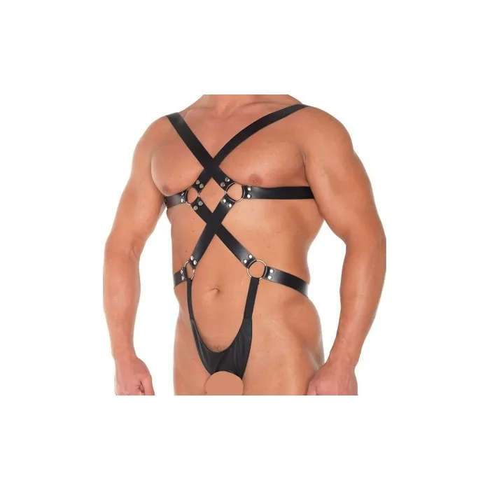 Erotic Fashion Harness, Black Leather Adjustable Body Harness With Open String